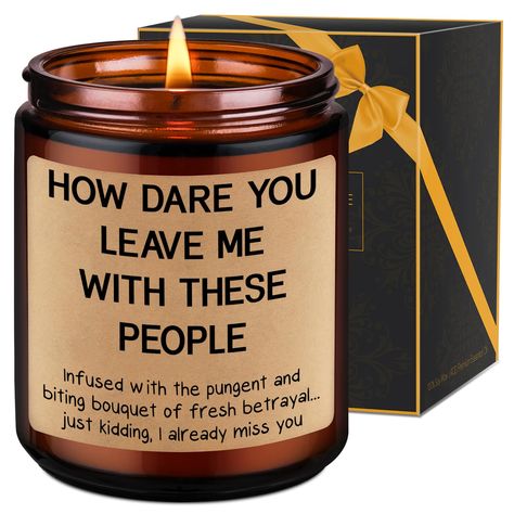 PRICES MAY VARY. Coworker Leaving Gifts; Printed with a fun sayings “how dare you leave me with these people infused with the pungent and biting bouquet of fresh betrayal...just kidding, I already miss you”, our candle makes a unique leaving gift for your favorite coworker, best friends, colleague, best coworker, office friend, work friend, work bff, boss, employee, or any coworker friend at work A hit for any occasion; Perfect as new job gift, goodbye gifts, farewell gifts for coworkers, office Favorite Coworker Leaving, Gifts For Coworker Leaving Job, Goodbye Gifts For Coworkers Diy, Coworker Leaving Party, Farewell Quotes For Coworker, Funny Gifts For Coworkers, Unique Coworker Gifts, Gift For Coworker Leaving, New Job Gifts