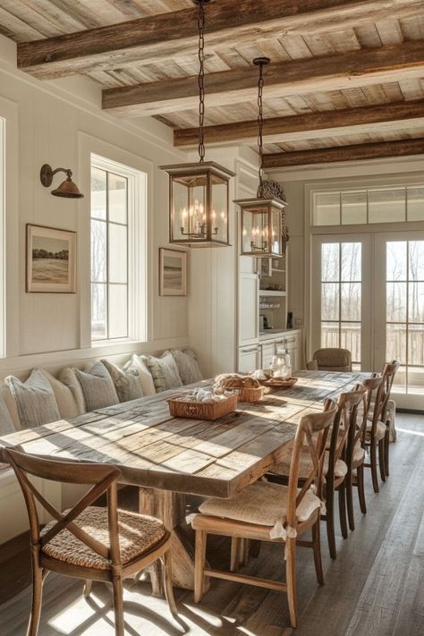 Transform Your Space with Rustic Dining Rooms 🍽️✨ Create a charming and cozy dining room with rustic decor. Use natural materials, earthy tones, and vintage accents for a warm and inviting space. 🌿🪵 #RusticDiningRoom #HomeDecor #CountryStyle #DiningRoomInspo Rustic Dining Room With Fireplace, Big Kitchen And Dining Room Ideas, Farmhouse Interior Dining Room, Rustic Dining Room Design, European Cottage Dining Room, Dining Room Sunroom Combo, Dining Room Design Cozy, Ranch Style Dining Room, Walk Through Dining Room