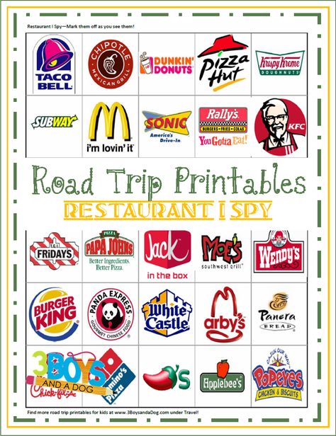 Road Trip Printables for Kids: Restaurant I Spy - and check out the links on the page to more fun travel activities and ideas for that long drive to Disney World! Road Trip Printables For Kids, Road Trip Printables, Kids Restaurants, Trip Games, Road Trip Activities, Road Trip Games, Printables For Kids, Traveling Ideas, Road Trip With Kids