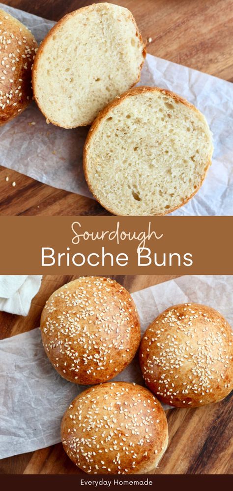 These fluffy and soft Sourdough Brioche Buns are perfect for burgers or sandwiches! This easy recipe uses either active sourdough starter or sourdough discard, and you can make them the same day or let them rise overnight. Make the best homemade hamburgers with this easy sourdough bun recipe! Sourdough Chibatta Buns, Brioche Burger Buns Recipes, Sourdough Discard Brioche Buns, Sour Dough Discard Hamburger Buns, Sourdough Hamburger Buns Discard, Sourdough Burger Buns Recipe, Sourdough Buns Recipes, Sourdough Discard Buns Burgers, Sourdough Discard Burger Buns