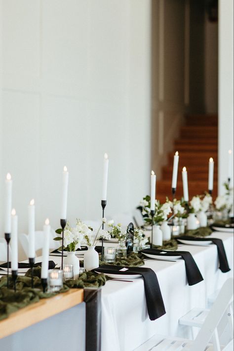 Black Candle Wedding Table Decor, Black Table Runners Wedding, Green And Black Reception, Black And Evergreen Wedding, Wedding Linen Napkins Table Settings, Black Linen Napkins Wedding, Black Flatware Table Setting Wedding, Black Linen Wedding Reception, Green Cream And Black Wedding