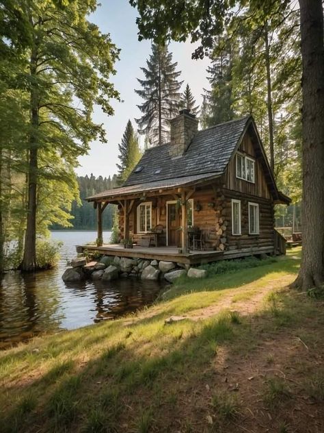 Lakefront Cabin, Little Cabin In The Woods, Log Cabin Rustic, Forest Cabin, Fairytale Cottage, Cottage Cabin, Cabin Living, Little Cabin, Timber House