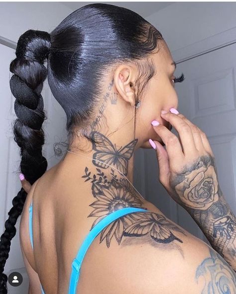 Neck Tattoo Sleeve Women, Neck And Back Tattoo, Cute Neck Tattoos For Women, Side Neck Tattoos Women, Women Neck Tattoo, Neck Tattoo Cover Up, Shoulder Piece Tattoo, Hairstylist Tattoos, Butterfly Neck Tattoo