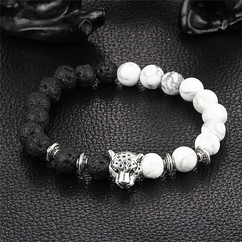 Leopard Head, Buddha Bracelets, Lava Beads, Natural Stone Bracelets, White Tiger, A Bracelet, Mens Beaded Bracelets, Onyx Bead, Exquisite Jewelry