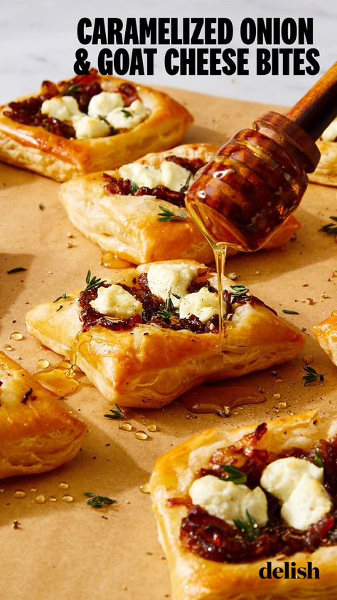 Frozen puff pastry is a great staple to have in your freezer at all times. It can transform almost any ingredient into a showstopping bake. This recipe uses... Goat Cheese Bites, Feta Bites, Cheese Bites Recipe, Puff Pastry Appetizers, Pastry Appetizer, Fall Appetizers, Tart Baking, Frozen Puff Pastry, Cheese Bites