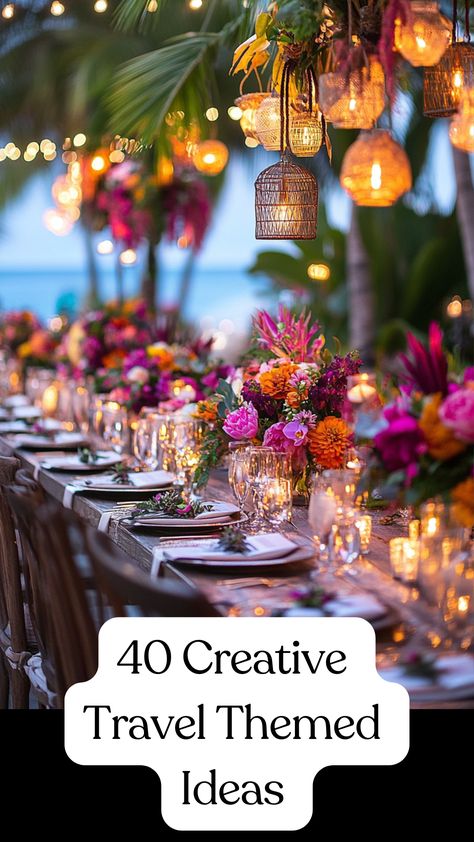 Creative travel-themed wedding ideas with destination-inspired décor and unique guest experiences to make your special day unforgettable. Personalized travel elements for an inspiring celebration. Love Is A Journey Wedding Theme, Destination Wedding Themes Color Schemes, Filipino Wedding Ideas, Destination Wedding Ideas Decorations, Met Gala Wedding Theme, Unique Wedding Ideas Creative Decor, Travel Themed Wedding Decor, Destination Wedding Decor Ideas, Wedding Theme Ideas Unique