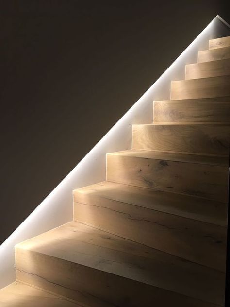 Spotlights On Stairs, Led Light Stairs, Led Stairs Design, Basement Stair Lights, Modern Stair Lighting, Stair Led Lighting, Stair Case Lighting Ideas, Textured Accent Wall Bedroom, Stairs Lighting Ideas Stairways