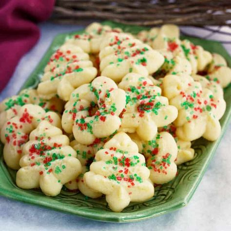 Tender Cream Cheese Spritz Cookies - My Cookie Journey Spritz Cookies With Cream Cheese, Cream Cheese Spritz Cookies Christmas, Buttery Spritz Cookies Christmas, Best Spritz Cookie Recipe Christmas, Cream Cheese Spritz Cookie Recipe, Cream Cheese Spritz Cookies, Rainbow Cookies Recipe, Cookie Press Recipes, Christmas Spritz Cookies