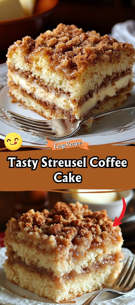 Start your morning right with a slice of Streusel Coffee Cake. This tender cake features a buttery cinnamon streusel topping that's simply irresistible. Perfect with a cup of coffee or tea, it's a comforting treat any time of day. #CoffeeCake #StreuselTopping #MorningTreat Sticky Bun Coffee Cake, Cinnamon Coffee Cake Bread, Bus Quick Velvet Crumb Coffee Cake, Cinnamon Coffee Cake With Streusel Crumb Topping, Pumpkin Cake Streusel Topping, Pies And Tacos Coffee Cake, Upside Down Coffee Cake, Crumble Coffee Cake Recipes, Coffee Cake Topping