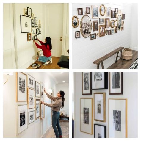 Picture Collage Wall Different Frames, Kitchen Family Picture Wall, Photo Wall Template Layout, Modern Ways To Display Family Photos, Vintage Family Photo Gallery Wall, Photo Frame Gallery Wall, Mixing Family Photos With Art, Photo Wall In Hallway, Family Photo Gallery Wall Layout