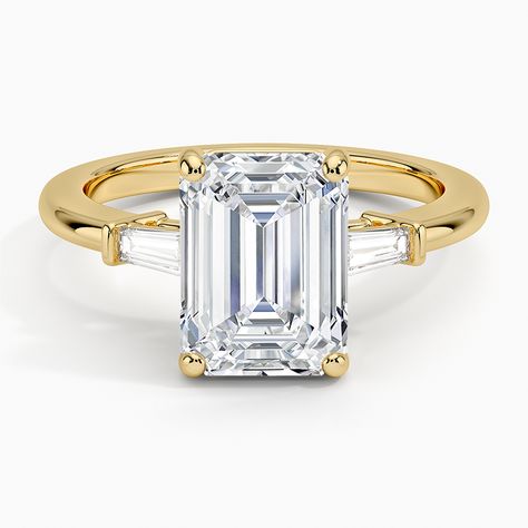 18K Yellow Gold Tapered Baguette Three Stone Lab Diamond Ring Three Stone Diamond Rings Engagement, Emerald Cut Diamond Engagement Ring, Three Stone Diamond Ring, Lab Diamond Engagement Ring, Rose Gold Diamond Ring, Three Stone Diamond, Yellow Gold Setting, Halo Diamond Ring, Halo Diamond Engagement Ring