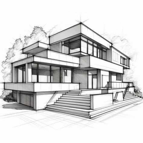 Architecture Drawing Modern, Modern House Perspective, House Architecture Design Sketch, Sketch House Architecture, Modern House Drawing Sketches, Modern House Design Drawing, House Design Drawing Sketch, Perspective House Drawing, Dream House Drawing Sketch