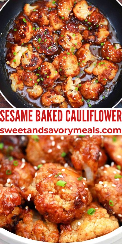 Sticky Sesame Baked Cauliflower - Sweet and Savory Meals Crispy Asian Cauliflower, Sesame Cauliflower Recipes, Sweet And Spicy Cauliflower Recipes, Sesame Cauliflower And Broccoli, Asian Roasted Cauliflower, Cauliflower Bites Recipes, Healthy Food Ideas Easy, Crockpot Cauliflower Recipes, Japanese Cauliflower