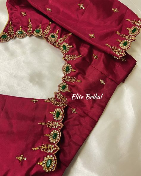 Customised Beautiful Elegant Aari Work By Elite Bridal ❤️‍🔥 Stone Work Maggam Blouses, Pastel Green Blouse Designs, Simple And Elegant Aari Work Blouse, Simple Work For Blouse, Kundan Blouse Designs, Magam Work Blouses Latest Bridal, Simple Arya Work Blouse Designs, Bottle Green Blouse Designs, Pattu Saree Blouse Designs Simple Latest