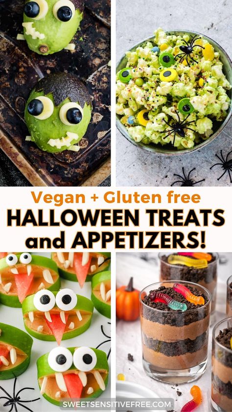 Gluten free Vegan Halloween Treats Easy Gluten Free Halloween Recipes, Easy Healthy Halloween Treats To Make, Gluten Free Spooky Snacks, Easy Gluten Free Halloween Treats, Vegan Gluten Free Halloween Recipes, Vegan Dessert Halloween, Halloween Dessert Gluten Free, Vegan Halloween Snacks For Party, Gluten Free Desserts Halloween