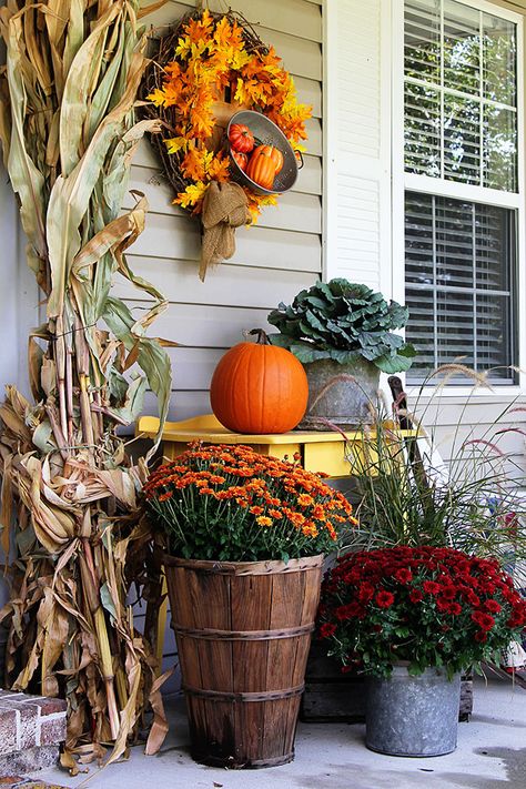 Fall Porch Decor Farmhouse Style Diy Porch Decor, Fruits Decoration, Corn Stalks, Halloween Front Porch Decor, Diy Front Porch, Rustic Aesthetic, Diy Porch, Halloween Front Porch, Garden Wallpaper