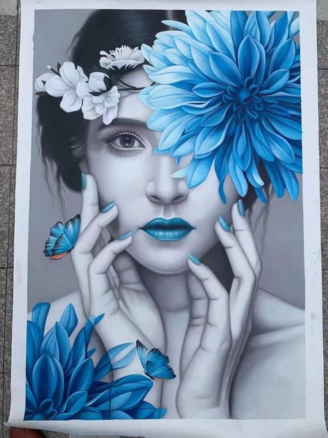 Beautiful Art Paintings Woman Face, Portraits With Flowers Art, Potraits Idea Bedroom, Sketch And Paint Ideas, Beautiful Paintings For Living Room, Poster Colours Art, Potraits Idea Painting Easy, Easy Free Hand Painting On Canvas, Painting Potraits Ideas