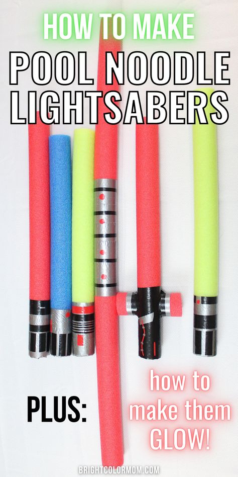 A DIY pool noodle lightsaber is a great Star Wars craft and May the Fourth Be with You activity for kids and adults! Make lightsabers from pool noodles in every color, including yellow, purple, red, green, blue, orange, and even white. Use black insulation for making the Darksaber! We've included several lightsaber design ideas and the lightsaber color meanings. Click for detailed instructions to make Kylo Ren's lightsaber out of pool noodles as well as Darth Maul's double-bladed lightsaber. Superhero Week, Star Wars Party Games, Star Wars Themed Birthday Party, Star Wars Activities, Boy Crafts, Diy Lightsaber, Stem Camp, Pool Noodle Crafts, Star Wars Crafts