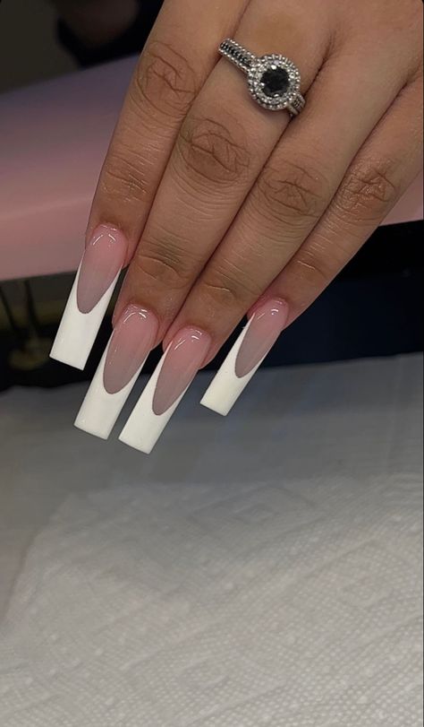 I White French Tip Nails Long Square, Nails Acrylic Square Long French Tip, Long White Acrylic Nails French Tips, Medium Long French Tip Acrylic Nails, Long Tapered Square Acrylic Nails French Tip, French On Long Nails, French Nails Acrylic White, Deep French Tip Nails Square Long, Medium Long Tapered Square Acrylic Nails