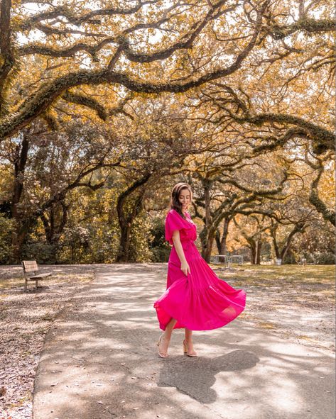 Pink midi dress, summer outfit, spring outfit Poses For Midi Dress, Hot Pink Dress Photoshoot, Hot Pink Senior Pictures, Poses In Midi Dress, Hot Pink Dress Outfit Casual, Pink Dress Photoshoot, Pink Dress Outfit Casual, Hot Pink Dress Outfit, Fuschia Pink Dress