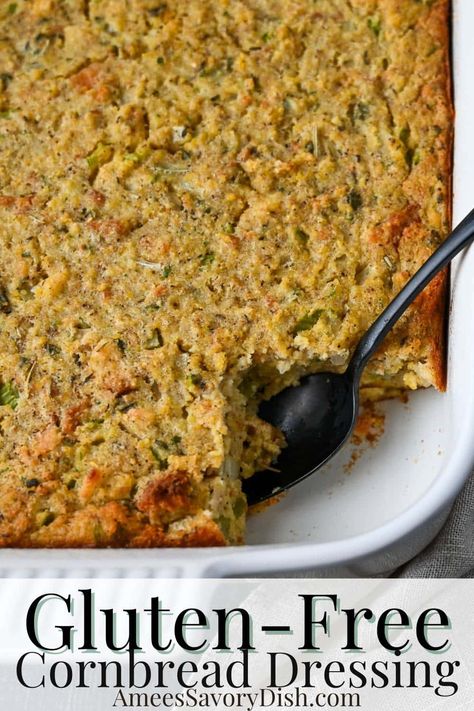 This gluten-free cornbread dressing offers a delicious alternative to a traditional Southern favorite. You won’t even notice the difference!  via @Ameessavorydish Gluten Free Side Dish For Thanksgiving, Gluten Free Cornbread Pudding, Best Gluten Free Cornbread Recipe, Cornbread Dressing Gluten Free, Gluten Free Thanksgiving Dressing, Paleo Dressing Thanksgiving, Gluten Free Cornbread Stuffing Recipes, Gf Dressing Thanksgiving, Vegan Cornbread Dressing Thanksgiving