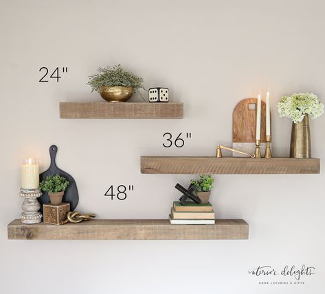 These unique and custom built shelves will be a beautiful and timeless addition to your home. Use them to hold decorative accents and create an eye catching vignette in your home. These shelves are uniquely built here in the USA . Each shelf is sold separately and shipped from a separate location from the rest of your order. Please expect two weeks for your order to ship. LARGE: 48" long x 3" tall x 5.5" deep MEDIUM: 36" long x 3" tall x 5.5" deep SMALL: 24" long x 3" tall x 5.5" deep SHELVES AR 3 Wall Shelves, Decor For Office Shelves, Floating Shelves On Big Wall, Floating Shelf Configuration, Floating Shelves For Plants Living Room, Styling Shelf Living Room, Floating Shelf Decorating Ideas, Hanging 3 Shelves Layout, Room Floating Shelf Ideas