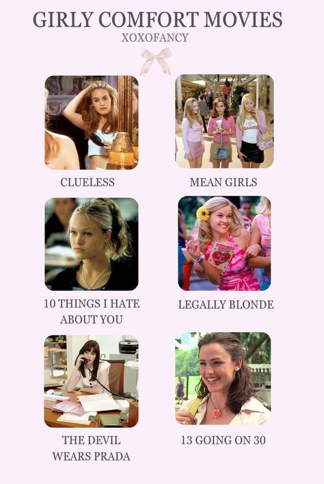 Slaaaaay 💅 Films And Series To Watch, Clueless Movie Aesthetic, Movies Every Girl Should Watch, It Girl Movies List, Mean Girls Movie Aesthetic, Girly Comfort Movies, Movies Like Mean Girls To Watch, Comfort Movies Aesthetic, Best Comfort Movies