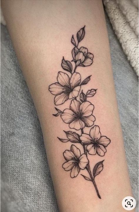 Larkspur Flower Tattoo Design, Floral Tattoo Design Forearm, Cherry Blossom Forearm Tattoo, Larkspur Tattoo Design, Delphinium Flower Tattoo, Simple Arm Tattoos For Women, Flower Tattoo Forearm, Larkspur Flower Tattoo, Larkspur Tattoo