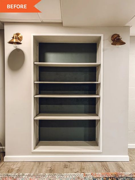 Inset Bookshelves In Wall, Shelves With Painted Backs, Bedrooms With Built In Shelves, Built In Shelf Remodel, Painting Built In Shelves, Built Into Wall Shelves, Built In Shelves Living Room Paint Ideas, Tv Nook Makeover Built Ins, Drywall Shelves Built Ins