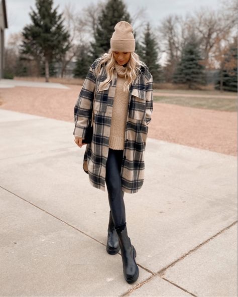 Plaid shacket, longline plaid shacket, lug boots, knit beanie, oversized beanie, leather leggings, winter outfit Leather Leggings And Shacket Outfit, Checked Shacket Outfit Women, How To Style Plaid Shacket, Shacket And Boots Outfit, Sweater And Shacket Outfit, Shacket Winter Outfit Women, Brown Faux Leather Shacket Outfit, Teacher Shacket Outfit, Long Flannel Shacket Outfit