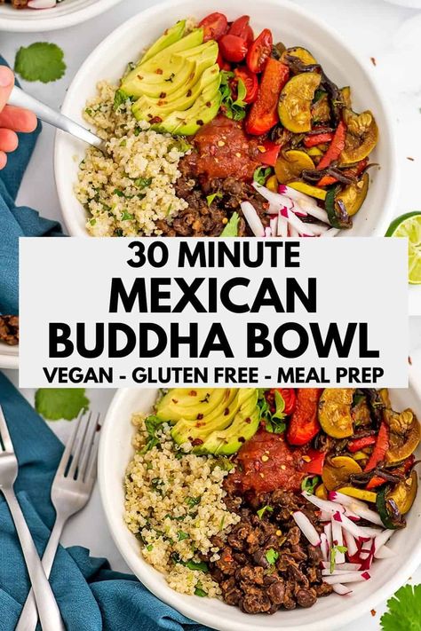 Mexican Buddha Bowl - Vegan, Gluten Free, Dairy Free, Plant Based, Meal Prep - ready in 30 minutes, this healthy buddha bowl is packed with flavor and so easy to make. Great for meal prep too! Loaded Bowls, Mexican Buddha Bowl, Cilantro Lime Ranch, Cilantro Lime Ranch Dressing, Cilantro Lime Quinoa, Mini Peppers, Lime Quinoa, Buddha Bowls Recipe, Vegetarian Mexican