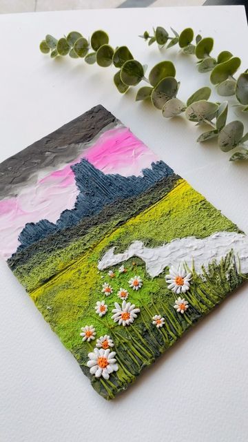 Air Dry Clay Landscape, Air Dry Clay Mixed Media, Clay Art Work On Canvas, Cardboard Clay Art, Diy Clay Painting, Air Dry Clay Projects Wall Art, Canvas Clay Painting, Clay Art In Canvas, Air Dry Clay Art On Canvas