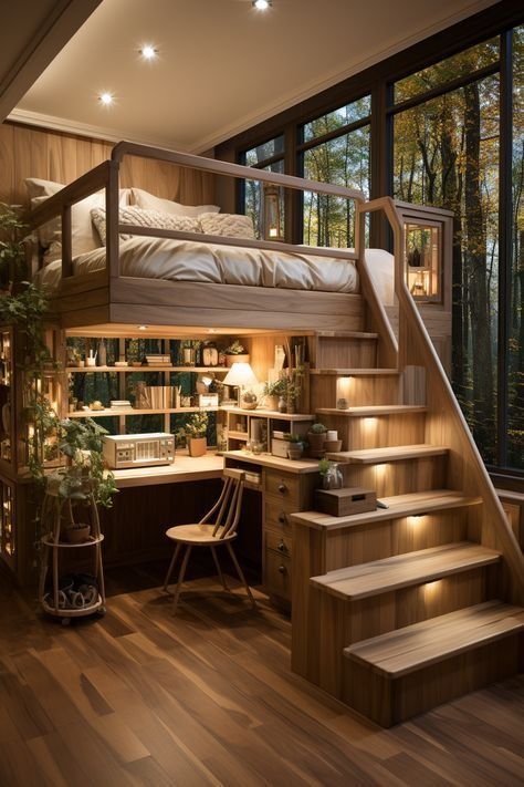 Tiny House Aesthetic, Loft Bed Design, Bed With Desk Underneath, Loft Bed Ideas, Lofted Dorm Beds, Loft House Design, Dream Bedroom Inspiration, Mini Loft, Tiny House Loft