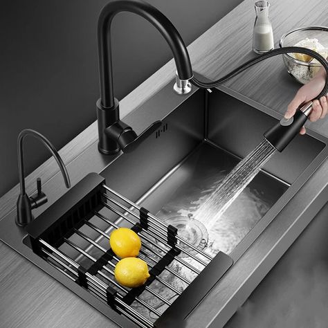 304 Stainless Steel Kitchen Sink Black Nano Kitchen Sink Thicken Hand-made Vegatable Basin With Faucet Drain Accessories - Kitchen Sinks - AliExpress Kitchen Sink Ideas Stainless Steel, Kitchen Sink Modern, Kitchen Sink Black, Kitchen Basin Sink, Modern Minimalist Kitchen, Kitchen Basin, Modern Kitchen Sinks, Hidden Kitchen, Corner Sink