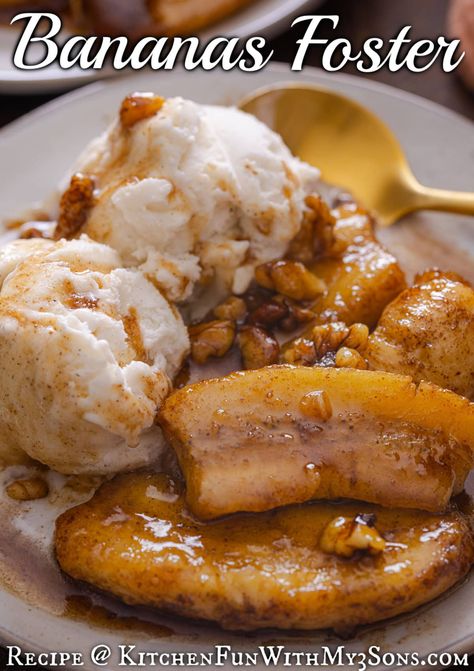 Sliced bananas are tossed in a caramelized buttery rum sauce then lit on fire in this classic Bananas Foster recipe. Serve over vanilla ice cream for an easy yet elegant dessert. #easydesserts #dessertrecipes Banana Foster Recipe Rum, Banana Foster Sauce, Banana Foster Recipe Easy, Brennans Bananas Foster Recipe, Bananas Foster Recipe, Banana Fosters, Bananas Foster Sauce, Banana Foster Recipe, Banana Foster