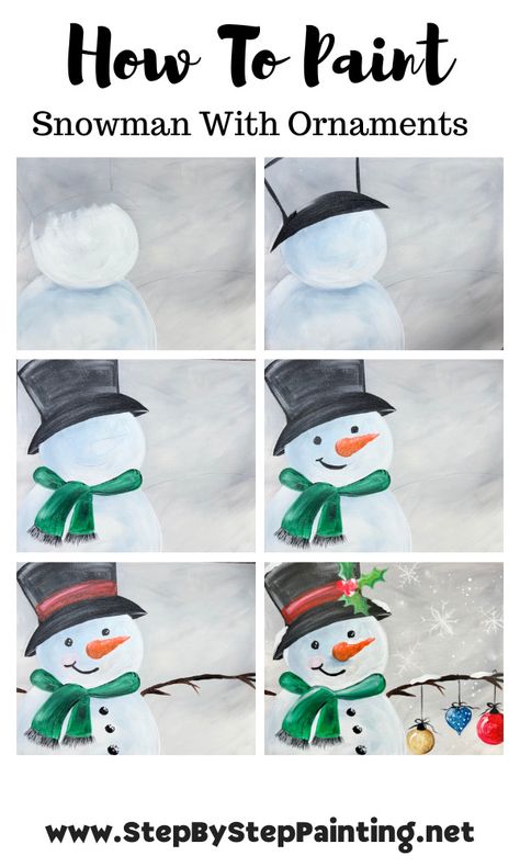 Holiday Painting Tutorials, Beginner Winter Painting, Snowman Window Painting Ideas, Kids Holiday Painting Ideas, Painting Winter Scenes Easy, Paint Party Tutorials Step By Step, Snowman Acrylic Painting On Canvas, Neutral Christmas Painting, Hand Painted Snowflakes