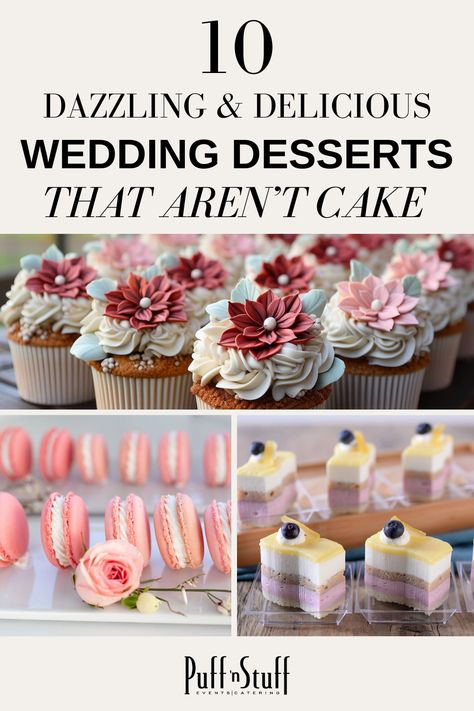 Are you planning a wedding but not a cake person? 🍰 In 2024, more and more couples are opting for alternative desserts to serve at their reception, all of which are just as gorgeous (and delicious!) as wedding cake. From pies and tarts to extravagant dessert stations and beyond, our team of experts can provide a plethora of unique dessert options that will delight you and your guests. 😋 Dessert At Wedding Receptions, Outdoor Wedding Desserts, Wedding Dessert Alternatives, Reception Dessert Ideas, Assorted Wedding Desserts, Best Wedding Desserts, Wedding Desserts That Arent Cake, Wedding Reception Dessert Table Ideas, Wedding Desserts Ideas