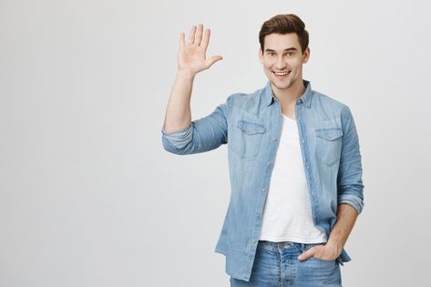 Friendly guy waving hand, saying hello | Free Photo #Freepik #freephoto #people #hand #fashion #man Guy Waving Drawing, Waving Hand Pose Reference, Guy Waving, Artistic Portrait Photography, Waving Hand, Hand On Head, Cut Out People, Fun Buns, Action Pose Reference