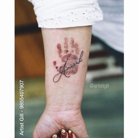 Childs Handprint Tattoo, Baby Print Tattoo Ideas, My Whole World Tattoo, Baby Handprint Tattoo Ideas, Tattoos For Moms With A Son, Hand Print Tattoo For Women, Baby Hand Tattoos For Moms, Handprint Tattoo For Women, Baby Feet Tattoos For Moms