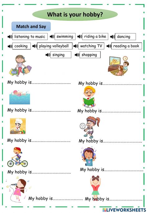 Hobbies Worksheet For Kindergarten, My Hobby Activities For Preschool, English Exercises For Beginners, Hobbies Worksheet English, Games For English Classes Activities, Listening Exercises For Kids, Hobbies Worksheet For Kids, My Hobby Worksheet, Free Time Activities Worksheets