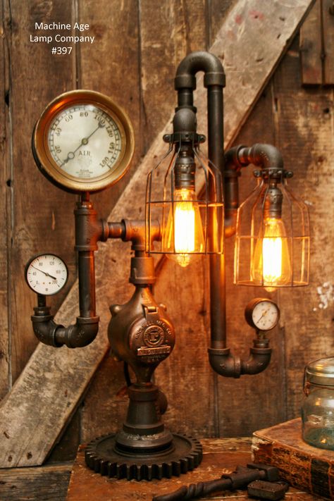 Industrial steampunk lamp by Machine Age Lamps, Shawn Carling Wall Scones Decor Ideas, Pipe Lights, Décor Steampunk, Steampunk Lights, Industrial Artwork, Lampe Steampunk, Steampunk Lamps, Steampunk Desk, Steampunk Table Lamp