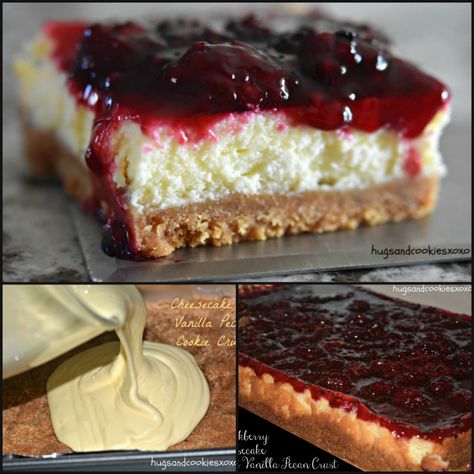 BLACKBERRY CHEESECAKE BARS ON A VANILLA PECAN CRUST Blackberry Cheesecake Bars, Blackberry Cheesecake, Pecan Crust, Blackberry Recipes, Salty Cake, Cookie Crust, Cheesecake Bars, Savoury Cake, Dessert Bars