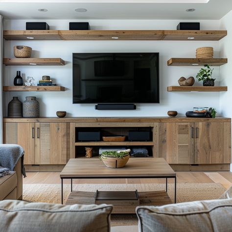 Blank Wall Tv Ideas, Molding Around Tv On Wall, Open Shelf Entertainment Center, Floating Shelves By Tv Living Rooms, Shelves On Each Side Of Tv, Shelves On Sides Of Tv, Tv Wall Design With Shelves, Dark Wood And Grey Living Room, Tv With Floating Shelves Around It