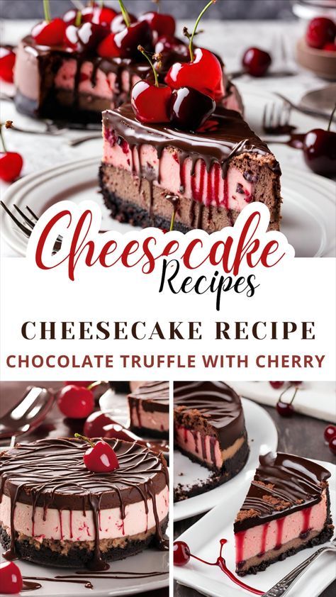 Indulge in pure decadence with our French Kiss Chocolate Truffle Cherry Cheesecake - a luxurious treat for chocolate and cherry lovers! 💋🍰 cheesecake recipes, strawberry cheesecake, new york cheesecake recipes, cheesecake recipes easy no bake, baking recipes, cherry cheesecake recipes, cake recipes, cheesecake recipes easy, cheesecake Cherry Oreo Cheesecake, French Style Cheesecake Recipe, Different Kinds Of Cheesecake, Chocolate Cherry Cheesecake Recipe, Chocolate Covered Cherry Cheesecake, Valentine Cheesecake Ideas, Cheesecake For Birthday, Cherry Cheesecake Recipes, No Bake Baking