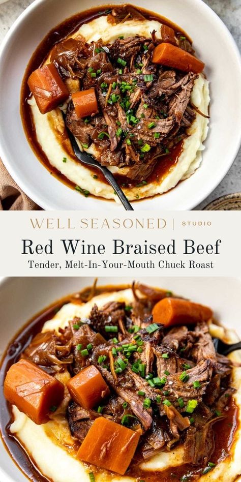 Polenta With Beef, Red Wine Braised Pot Roast Slow Cooker, Braised Beef Red Wine, Beef Fall Recipes, Beef On Mashed Potatoes, Instapot Braised Beef, Braised Beef Risotto, Braised Beef And Polenta, Healthy Dinner Red Meat