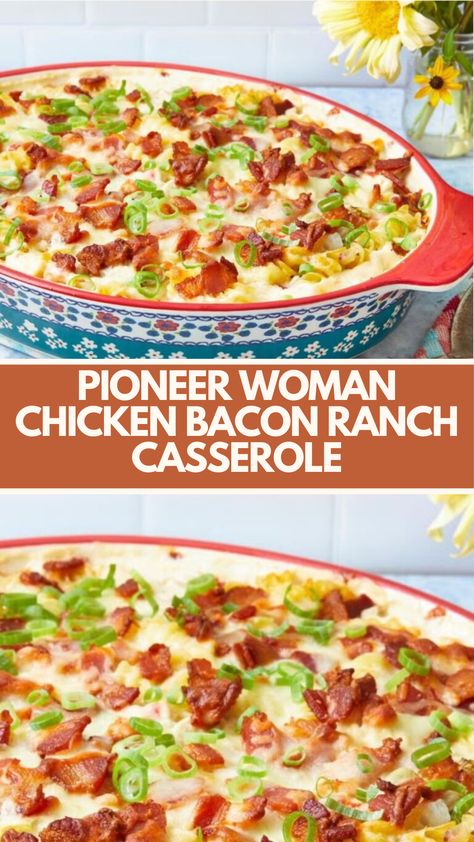 Pioneer Woman Chicken Bacon Ranch Casserole is made with rotini pasta, crispy bacon, rotisserie chicken, cream cheese, ranch seasoning, mozzarella cheese, and pimentos.

This easy and healthy Chicken Bacon Ranch Casserole recipe creates an easy dinner that takes about 45 minutes to prepare and serves up to 6 people. Chicken Bacon Ranch Tater Casserole, Healthy Chicken Bacon Ranch Casserole, Recipes With Ranch Seasoning Packet, Chicken Recipes With Rotisserie Chicken, Dishes With Rotisserie Chicken, Pulled Chicken Casserole Recipes, Chicken Bacon Ranch Pasta Crockpot, What To Do With Rotisserie Chicken, Healthy Chicken Bacon Ranch