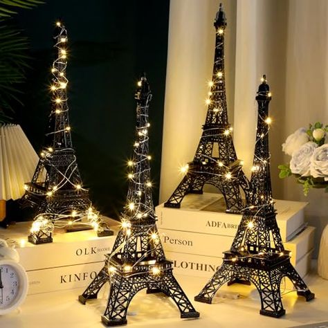 Briwooody 4 Pcs Eiffel Tower Statue Decor 15 Inch 10 Inch Metal Collectible Figurine Paris Themed Eiffel Tower Cake Topper with 2 Light Strings for Party Table Centerpiece Kitchen Decoration (Black) A Night In Paris Table Decor, Night In Paris Centerpiece, An Evening In Paris Theme Party, Paris Table Setting Ideas, Paris Theme Wedding Reception, Night In Paris Theme Party, Paris Theme Centerpieces, Paris Decorations, Ball Themes