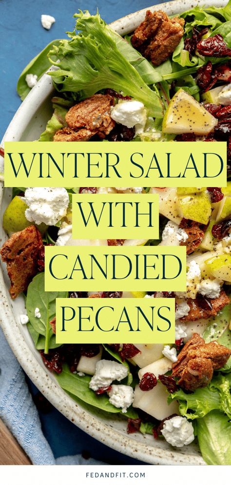 Loaded with pears, candied pecans, goat cheese, and dried cranberries, this salad is the most delicious addition to your next festive spread. Pecan Salad Recipe, Goat Cheese Crumbles, Salad With Pears, Candied Pecans For Salad, Gluten Free Sides, Cranberry Salad, Pecan Salad, Cranberry Cheese, Whole Roasted Chicken