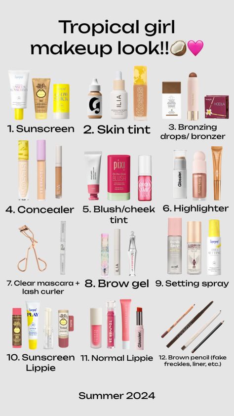 #makeup #sephora #summer #summer2024 #preppy #tropical #coconutgirl #fyp Preppy Makeup Essentials, What To Buy In Sephora, Makeup To Take On Vacation, Preppy Make Up Routine, Sephora Must Haves 2024, Preppy Sephora Products, Natural Summer Makeup Products, Girly Makeup Products, Vacation Makeup Essentials