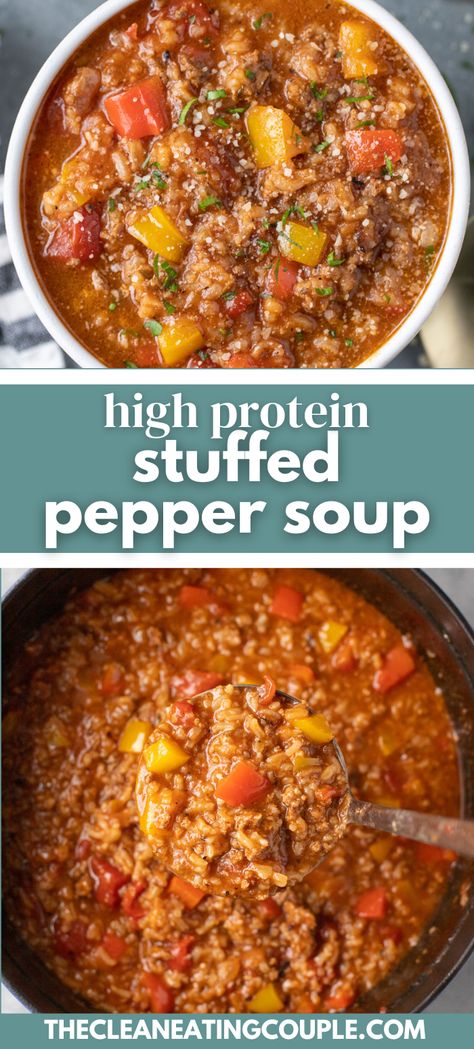 High Protein Stuffed Pepper Soup Recipe is so delicious! Learn how to make healthy stuffed pepper soup in the crockpot, instant pot or on the stove! Soup In The Crockpot, Stuffed Pepper Soup Recipe, Pepper Soup Recipe, Stuffed Peppers Healthy, Fall Soup Recipes, Healthy Vegetable, Stuffed Pepper, Pepper Soup, Crockpot Soup Recipes